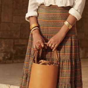 Sezane Dora Silk Orange Green Stripes Maxi Skirt - Size 12